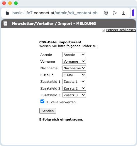 Newsletter / Verteiler: Upload / Feldzuordnung (Spalten-Zuordnung) © echonet communication