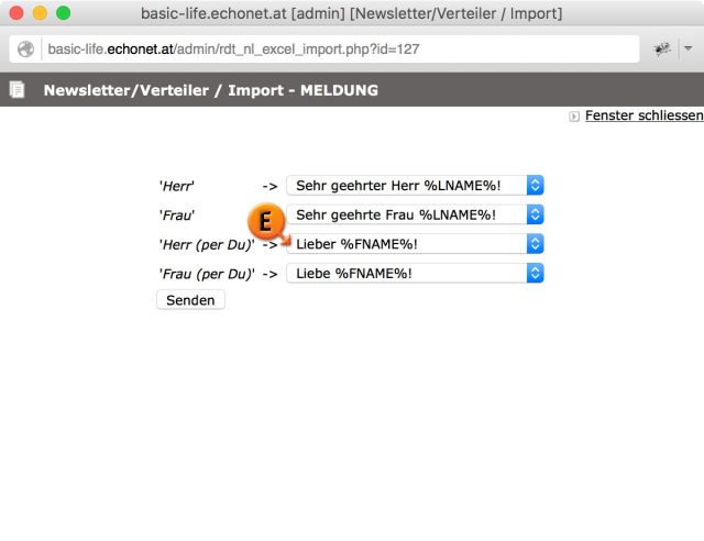 Newsletter Import-Meldung / Zuordnung der Anreden © echonet