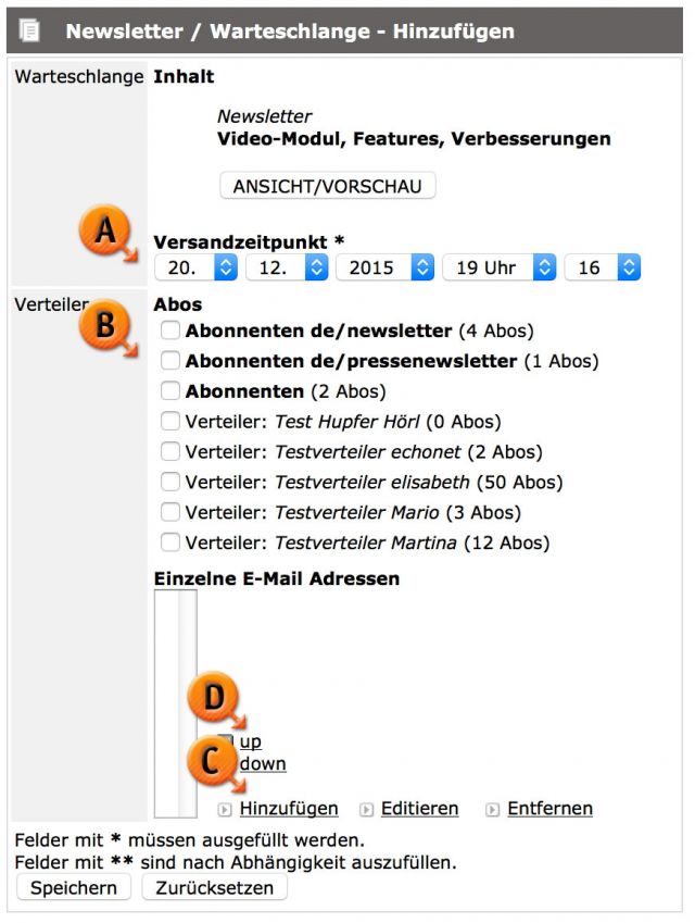 Newsletter / Warteschlange Versandeinstellung © echonet