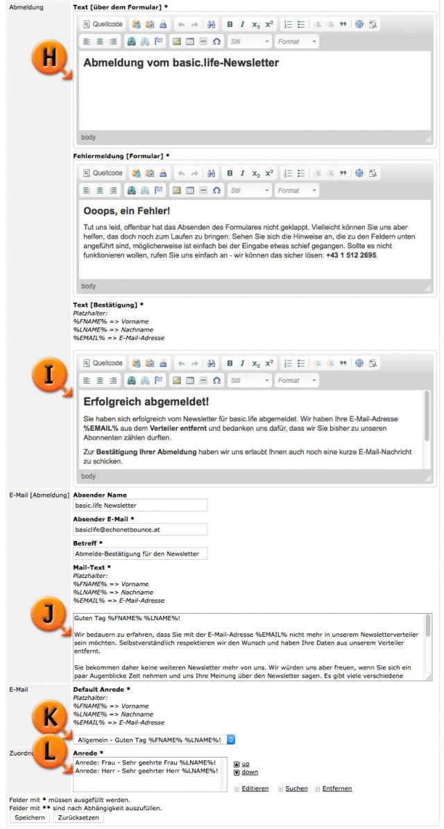 Modul Newsletter / Editieren (unten) © echonet