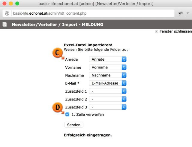 Newsletter Import-Meldung / Zuordnung der Felder © echonet