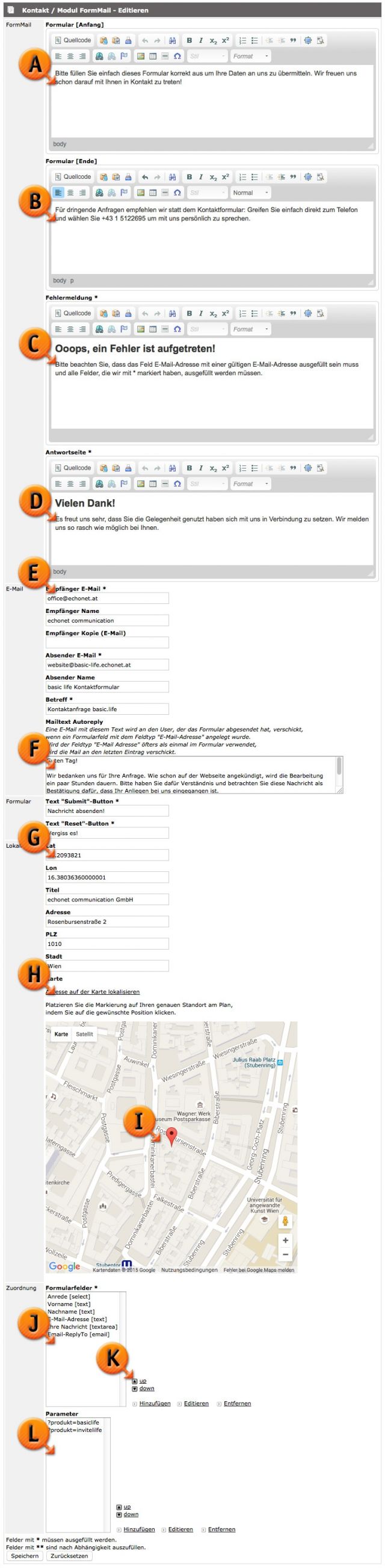 Modul Formmail editieren mit Parameter und Landkarte und Autoreply © echonet