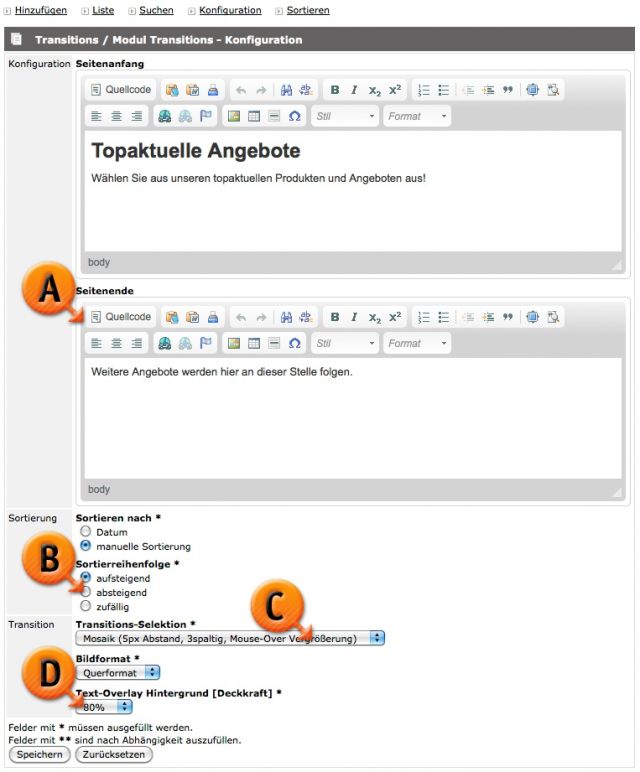 Modul Transitions / Konfiguration © echonet communication GmbH